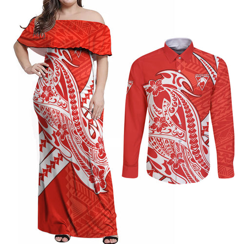 Personalized Sydney Swans Couples Matching Off Shoulder Maxi Dress and Long Sleeve Button Shirt Polynesian Tribal Swan Mascot With Hibiscus Floral Art