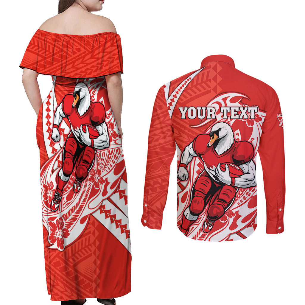 Personalized Sydney Swans Couples Matching Off Shoulder Maxi Dress and Long Sleeve Button Shirt Polynesian Tribal Swan Mascot With Hibiscus Floral Art