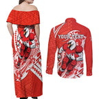Personalized Sydney Swans Couples Matching Off Shoulder Maxi Dress and Long Sleeve Button Shirt Polynesian Tribal Swan Mascot With Hibiscus Floral Art
