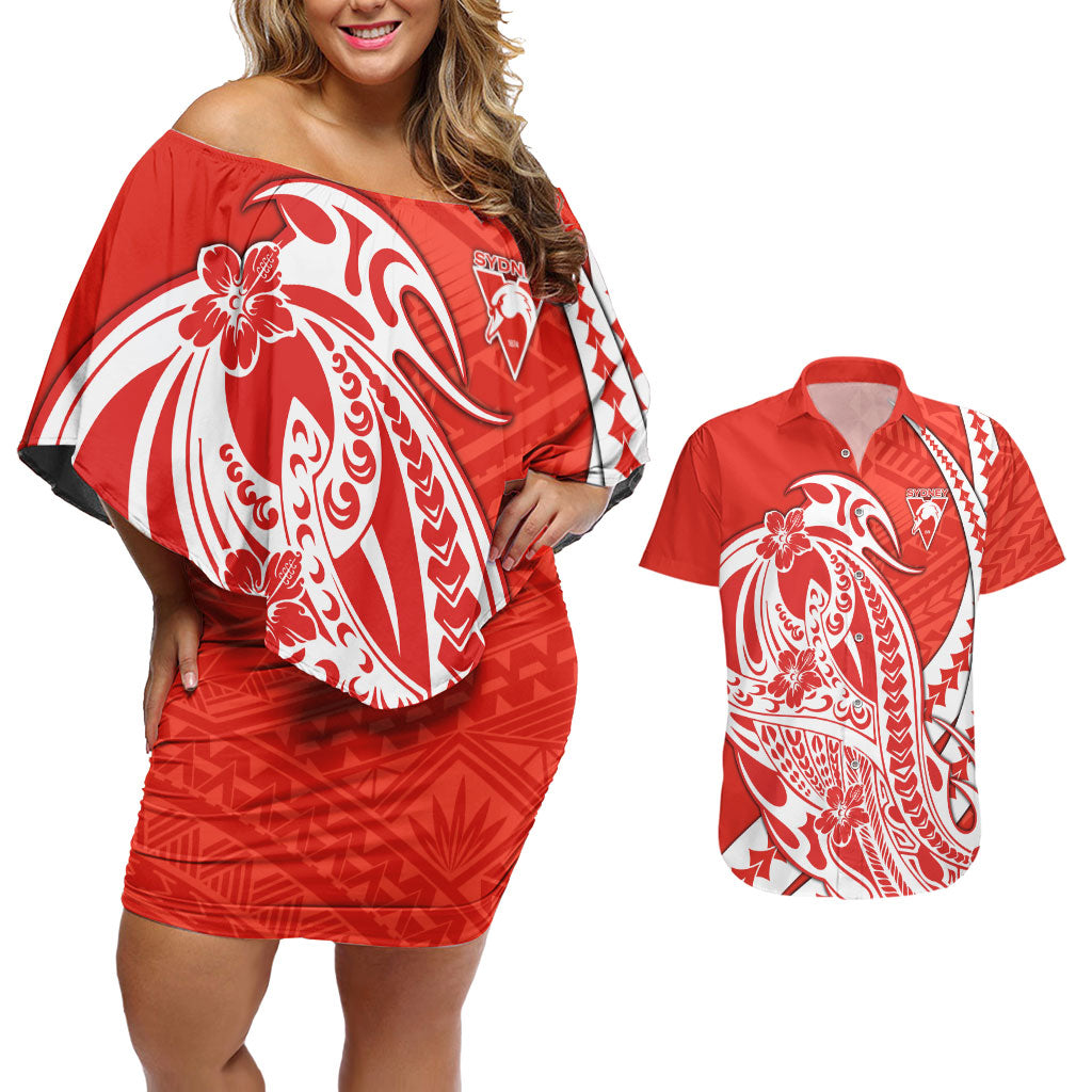 Personalized Sydney Swans Couples Matching Off Shoulder Short Dress and Hawaiian Shirt Polynesian Tribal Swan Mascot With Hibiscus Floral Art