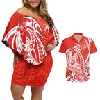Personalized Sydney Swans Couples Matching Off Shoulder Short Dress and Hawaiian Shirt Polynesian Tribal Swan Mascot With Hibiscus Floral Art