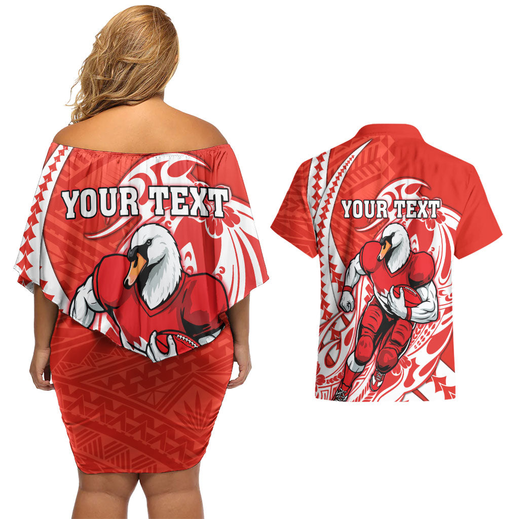 Personalized Sydney Swans Couples Matching Off Shoulder Short Dress and Hawaiian Shirt Polynesian Tribal Swan Mascot With Hibiscus Floral Art