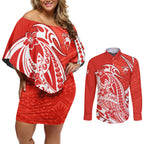 Personalized Sydney Swans Couples Matching Off Shoulder Short Dress and Long Sleeve Button Shirt Polynesian Tribal Swan Mascot With Hibiscus Floral Art
