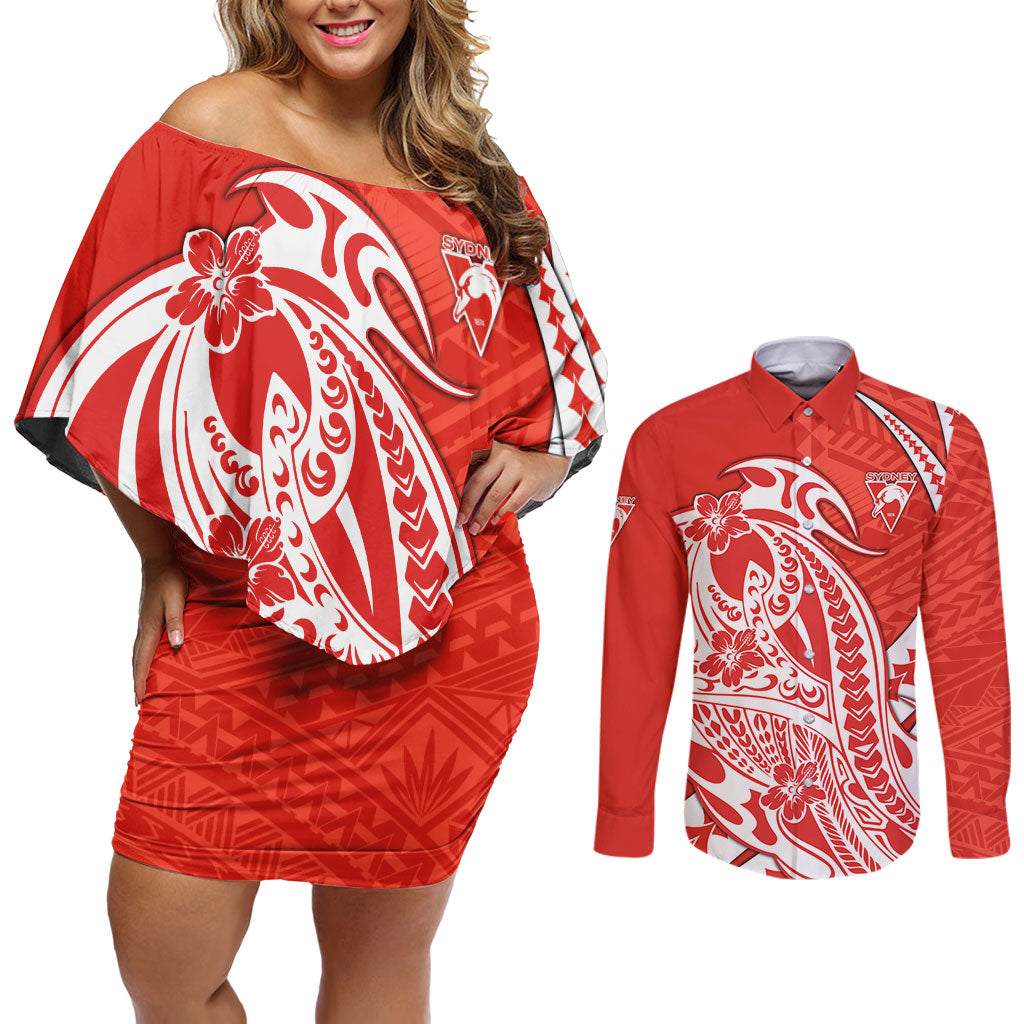Personalized Sydney Swans Couples Matching Off Shoulder Short Dress and Long Sleeve Button Shirt Polynesian Tribal Swan Mascot With Hibiscus Floral Art