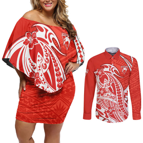 Personalized Sydney Swans Couples Matching Off Shoulder Short Dress and Long Sleeve Button Shirt Polynesian Tribal Swan Mascot With Hibiscus Floral Art