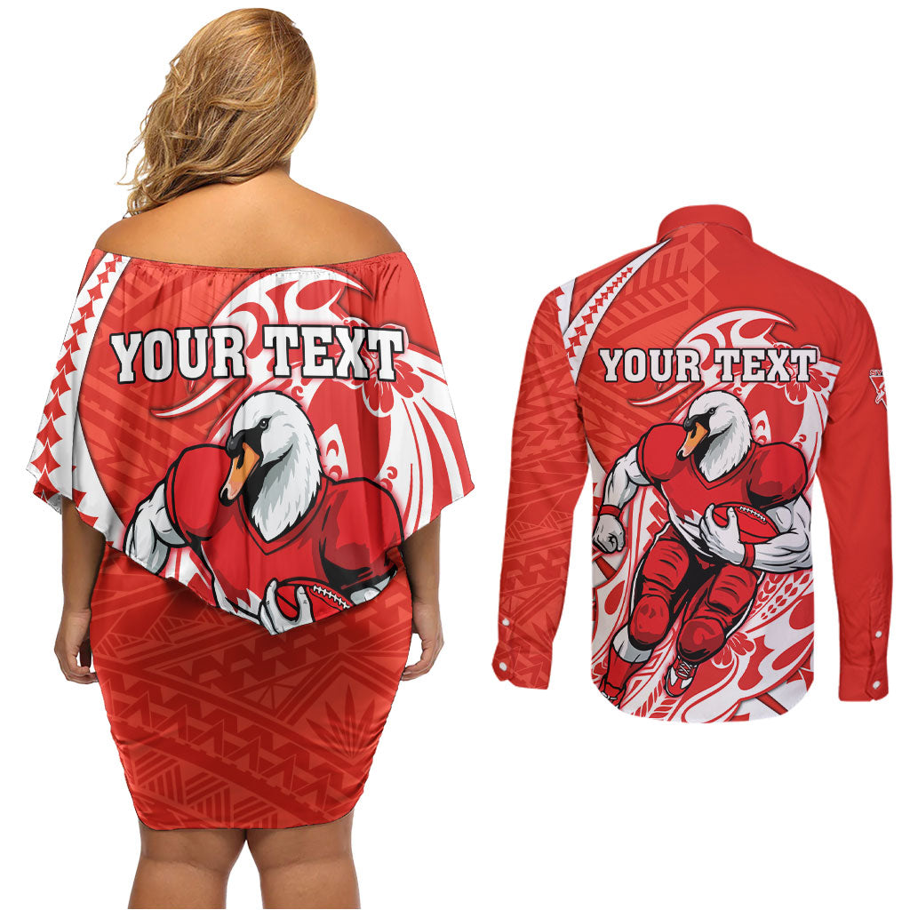 Personalized Sydney Swans Couples Matching Off Shoulder Short Dress and Long Sleeve Button Shirt Polynesian Tribal Swan Mascot With Hibiscus Floral Art