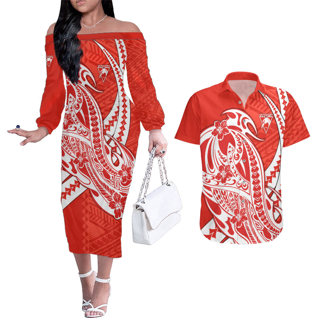 Personalized Sydney Swans Couples Matching Off The Shoulder Long Sleeve Dress and Hawaiian Shirt Polynesian Tribal Swan Mascot With Hibiscus Floral Art