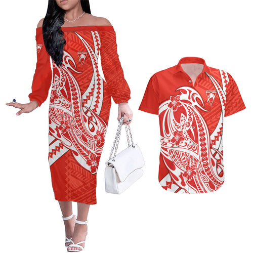 Personalized Sydney Swans Couples Matching Off The Shoulder Long Sleeve Dress and Hawaiian Shirt Polynesian Tribal Swan Mascot With Hibiscus Floral Art