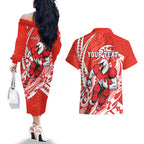 Personalized Sydney Swans Couples Matching Off The Shoulder Long Sleeve Dress and Hawaiian Shirt Polynesian Tribal Swan Mascot With Hibiscus Floral Art