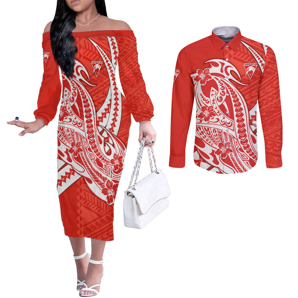 Personalized Sydney Swans Couples Matching Off The Shoulder Long Sleeve Dress and Long Sleeve Button Shirt Polynesian Tribal Swan Mascot With Hibiscus Floral Art