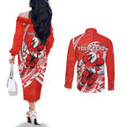 Personalized Sydney Swans Couples Matching Off The Shoulder Long Sleeve Dress and Long Sleeve Button Shirt Polynesian Tribal Swan Mascot With Hibiscus Floral Art