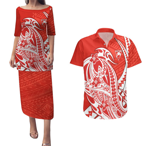 Personalized Sydney Swans Couples Matching Puletasi and Hawaiian Shirt Polynesian Tribal Swan Mascot With Hibiscus Floral Art