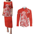 Personalized Sydney Swans Couples Matching Puletasi and Long Sleeve Button Shirt Polynesian Tribal Swan Mascot With Hibiscus Floral Art
