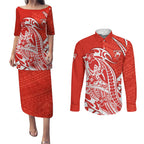 Personalized Sydney Swans Couples Matching Puletasi and Long Sleeve Button Shirt Polynesian Tribal Swan Mascot With Hibiscus Floral Art
