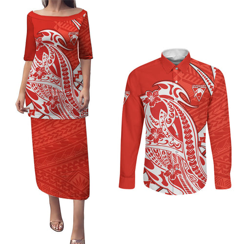 Personalized Sydney Swans Couples Matching Puletasi and Long Sleeve Button Shirt Polynesian Tribal Swan Mascot With Hibiscus Floral Art