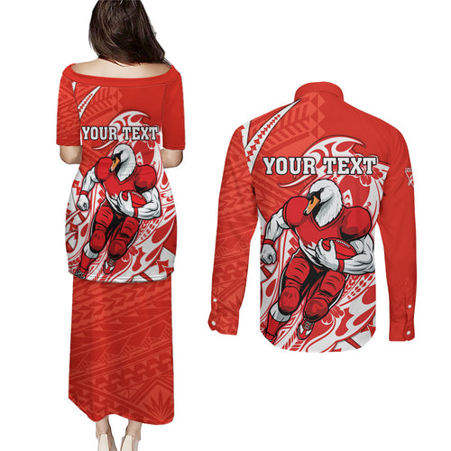 Personalized Sydney Swans Couples Matching Puletasi and Long Sleeve Button Shirt Polynesian Tribal Swan Mascot With Hibiscus Floral Art