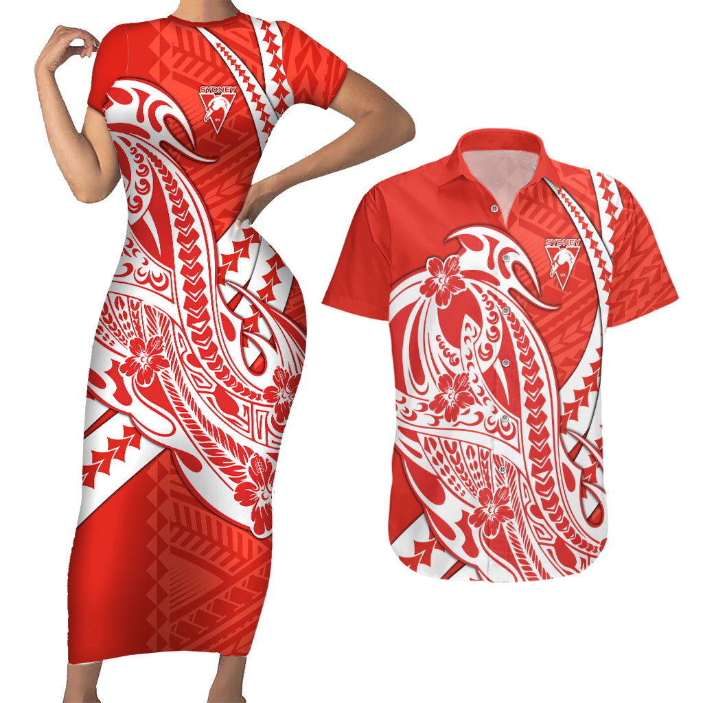 Personalized Sydney Swans Couples Matching Short Sleeve Bodycon Dress and Hawaiian Shirt Polynesian Tribal Swan Mascot With Hibiscus Floral Art