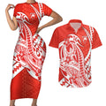 Personalized Sydney Swans Couples Matching Short Sleeve Bodycon Dress and Hawaiian Shirt Polynesian Tribal Swan Mascot With Hibiscus Floral Art