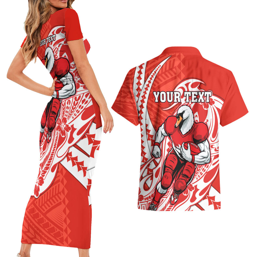 Personalized Sydney Swans Couples Matching Short Sleeve Bodycon Dress and Hawaiian Shirt Polynesian Tribal Swan Mascot With Hibiscus Floral Art