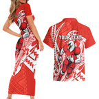 Personalized Sydney Swans Couples Matching Short Sleeve Bodycon Dress and Hawaiian Shirt Polynesian Tribal Swan Mascot With Hibiscus Floral Art