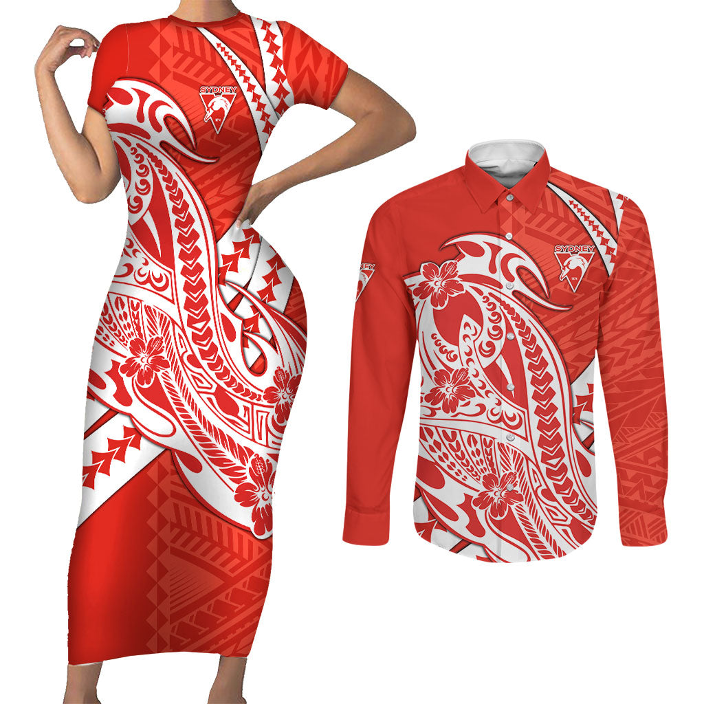 Personalized Sydney Swans Couples Matching Short Sleeve Bodycon Dress and Long Sleeve Button Shirt Polynesian Tribal Swan Mascot With Hibiscus Floral Art