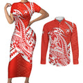 Personalized Sydney Swans Couples Matching Short Sleeve Bodycon Dress and Long Sleeve Button Shirt Polynesian Tribal Swan Mascot With Hibiscus Floral Art