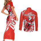 Personalized Sydney Swans Couples Matching Short Sleeve Bodycon Dress and Long Sleeve Button Shirt Polynesian Tribal Swan Mascot With Hibiscus Floral Art