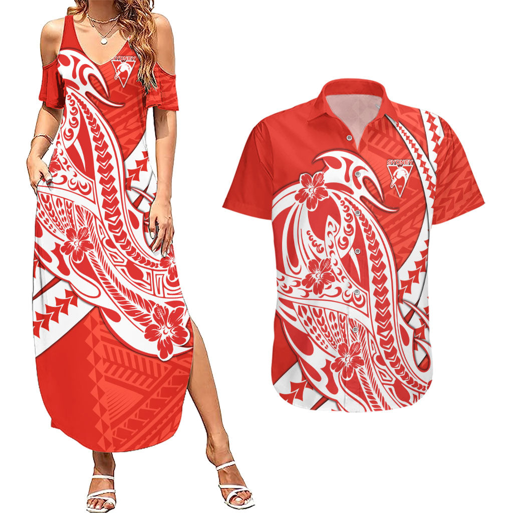 Personalized Sydney Swans Couples Matching Summer Maxi Dress and Hawaiian Shirt Polynesian Tribal Swan Mascot With Hibiscus Floral Art