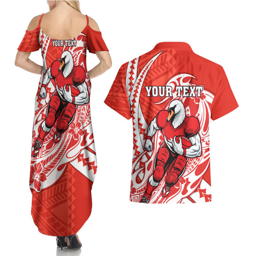 Personalized Sydney Swans Couples Matching Summer Maxi Dress and Hawaiian Shirt Polynesian Tribal Swan Mascot With Hibiscus Floral Art