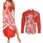 Personalized Sydney Swans Couples Matching Summer Maxi Dress and Long Sleeve Button Shirt Polynesian Tribal Swan Mascot With Hibiscus Floral Art
