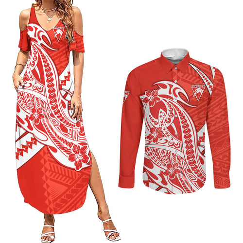 Personalized Sydney Swans Couples Matching Summer Maxi Dress and Long Sleeve Button Shirt Polynesian Tribal Swan Mascot With Hibiscus Floral Art