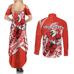 Personalized Sydney Swans Couples Matching Summer Maxi Dress and Long Sleeve Button Shirt Polynesian Tribal Swan Mascot With Hibiscus Floral Art