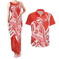 Personalized Sydney Swans Couples Matching Tank Maxi Dress and Hawaiian Shirt Polynesian Tribal Swan Mascot With Hibiscus Floral Art
