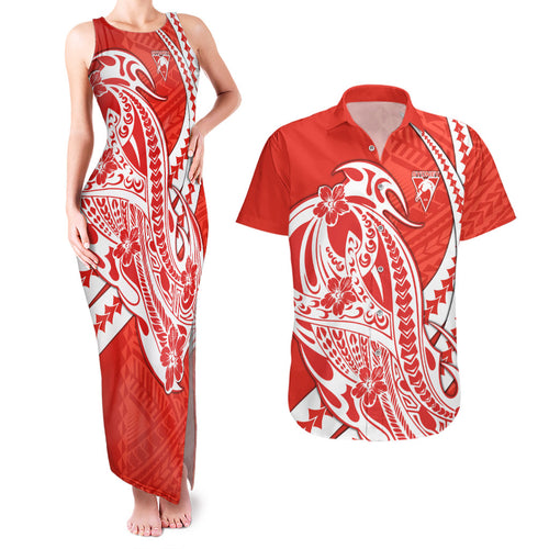 Personalized Sydney Swans Couples Matching Tank Maxi Dress and Hawaiian Shirt Polynesian Tribal Swan Mascot With Hibiscus Floral Art