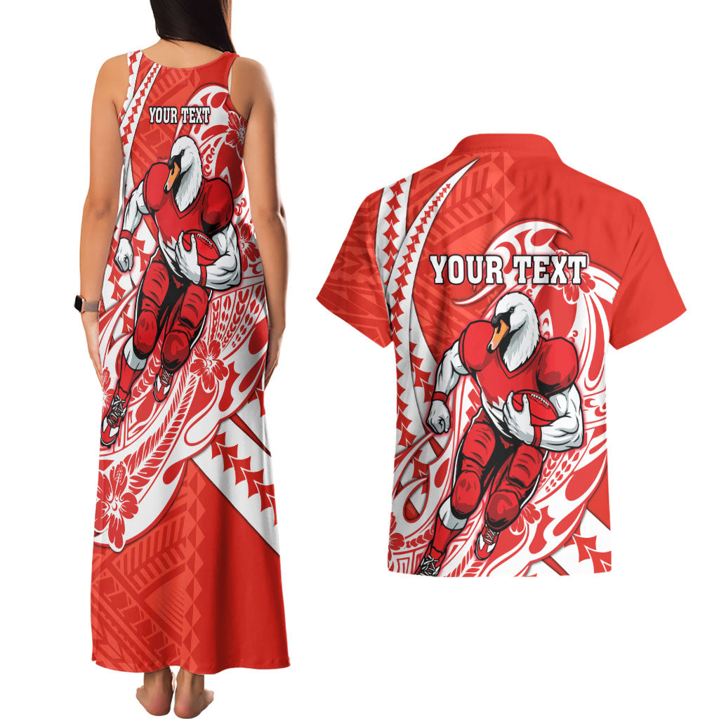 Personalized Sydney Swans Couples Matching Tank Maxi Dress and Hawaiian Shirt Polynesian Tribal Swan Mascot With Hibiscus Floral Art
