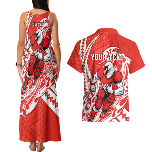 Personalized Sydney Swans Couples Matching Tank Maxi Dress and Hawaiian Shirt Polynesian Tribal Swan Mascot With Hibiscus Floral Art