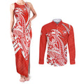 Personalized Sydney Swans Couples Matching Tank Maxi Dress and Long Sleeve Button Shirt Polynesian Tribal Swan Mascot With Hibiscus Floral Art
