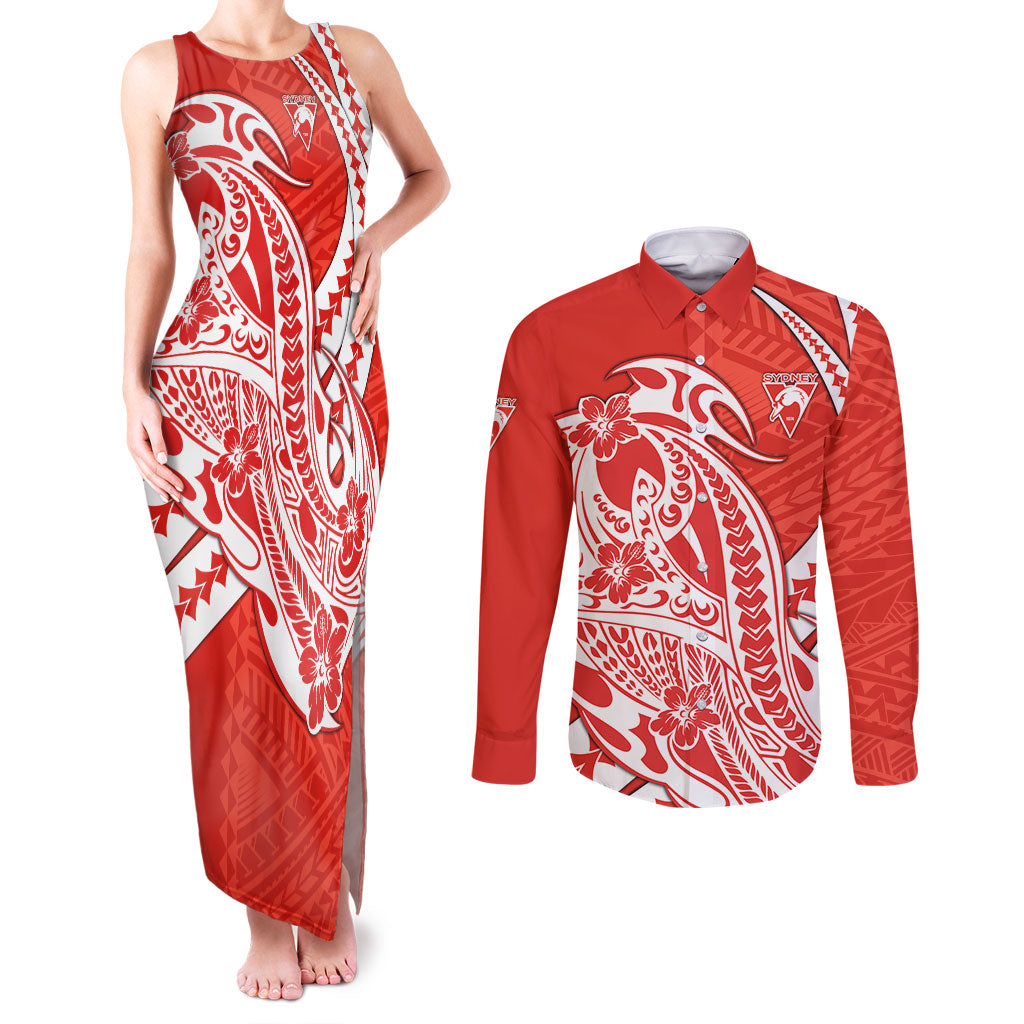 Personalized Sydney Swans Couples Matching Tank Maxi Dress and Long Sleeve Button Shirt Polynesian Tribal Swan Mascot With Hibiscus Floral Art