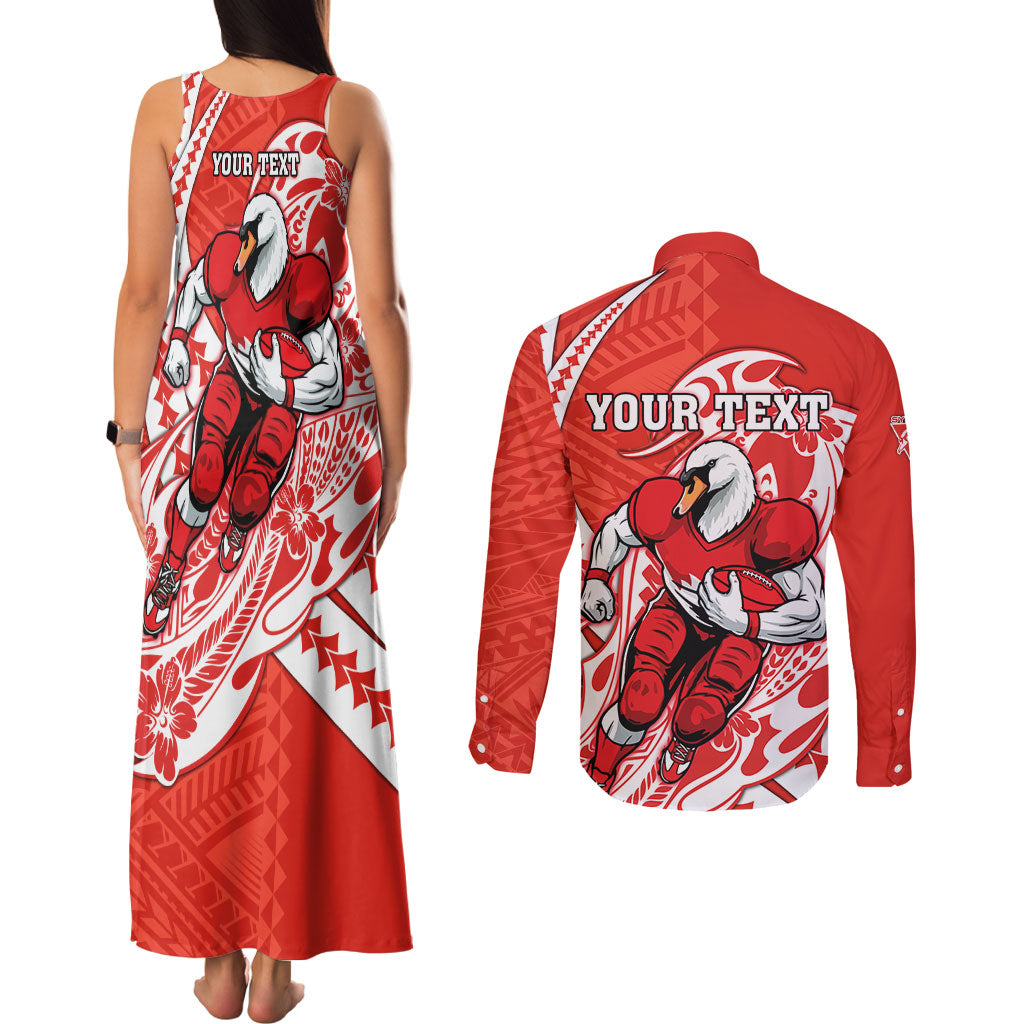 Personalized Sydney Swans Couples Matching Tank Maxi Dress and Long Sleeve Button Shirt Polynesian Tribal Swan Mascot With Hibiscus Floral Art