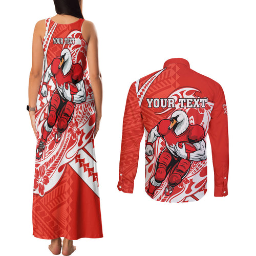 Personalized Sydney Swans Couples Matching Tank Maxi Dress and Long Sleeve Button Shirt Polynesian Tribal Swan Mascot With Hibiscus Floral Art