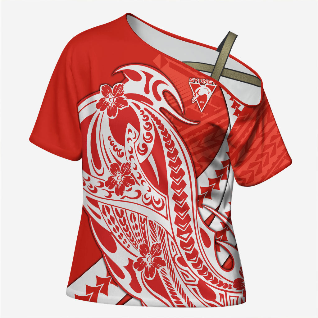 Personalized Sydney Swans Cross Shoulder Shirt Polynesian Tribal Swan Mascot With Hibiscus Floral Art