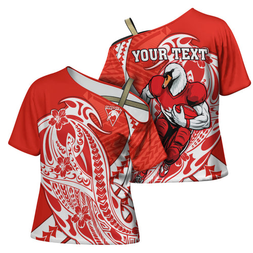 Personalized Sydney Swans Cross Shoulder Shirt Polynesian Tribal Swan Mascot With Hibiscus Floral Art