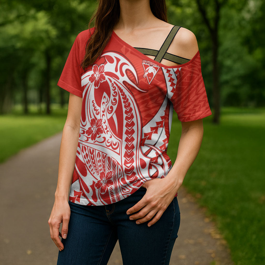 Personalized Sydney Swans Cross Shoulder Shirt Polynesian Tribal Swan Mascot With Hibiscus Floral Art