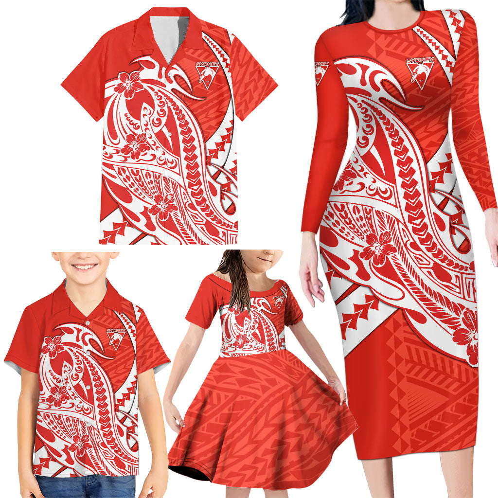 Personalized Sydney Swans Family Matching Long Sleeve Bodycon Dress and Hawaiian Shirt Polynesian Tribal Swan Mascot With Hibiscus Floral Art