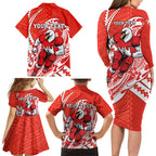 Personalized Sydney Swans Family Matching Long Sleeve Bodycon Dress and Hawaiian Shirt Polynesian Tribal Swan Mascot With Hibiscus Floral Art