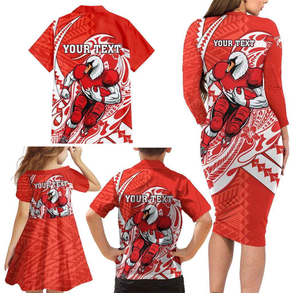 Personalized Sydney Swans Family Matching Long Sleeve Bodycon Dress and Hawaiian Shirt Polynesian Tribal Swan Mascot With Hibiscus Floral Art