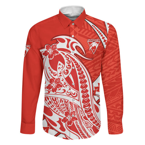 Personalized Sydney Swans Family Matching Long Sleeve Bodycon Dress and Hawaiian Shirt Polynesian Tribal Swan Mascot With Hibiscus Floral Art