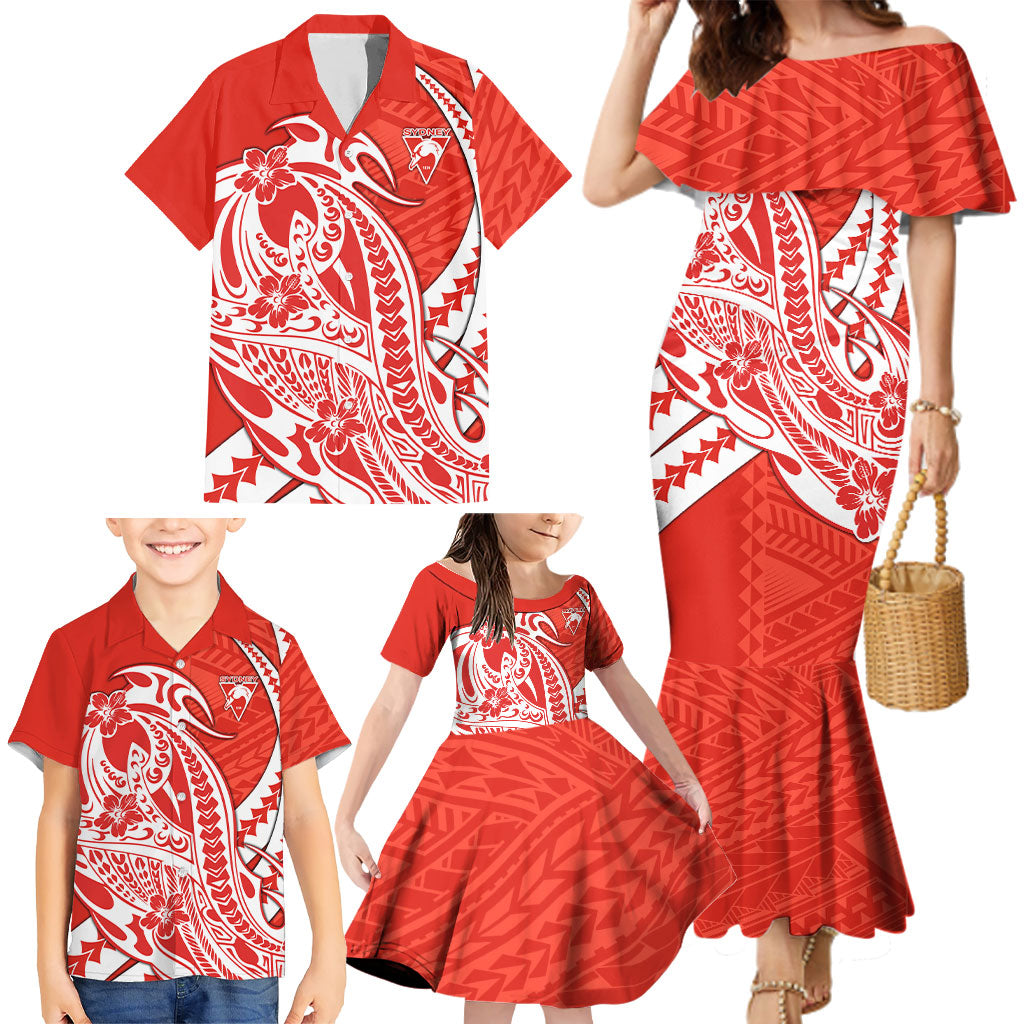 Personalized Sydney Swans Family Matching Mermaid Dress and Hawaiian Shirt Polynesian Tribal Swan Mascot With Hibiscus Floral Art