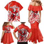 Personalized Sydney Swans Family Matching Mermaid Dress and Hawaiian Shirt Polynesian Tribal Swan Mascot With Hibiscus Floral Art