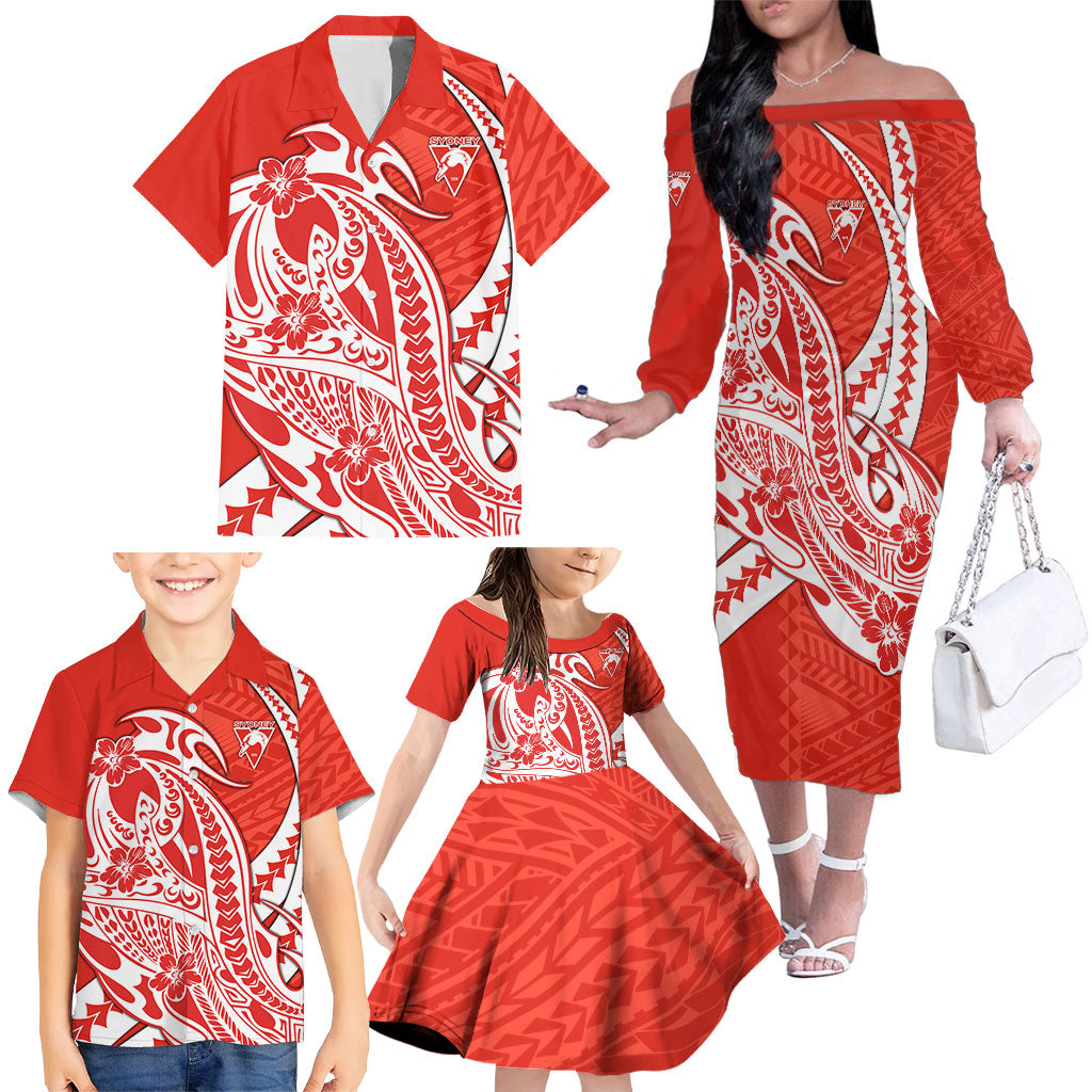 Personalized Sydney Swans Family Matching Off The Shoulder Long Sleeve Dress and Hawaiian Shirt Polynesian Tribal Swan Mascot With Hibiscus Floral Art